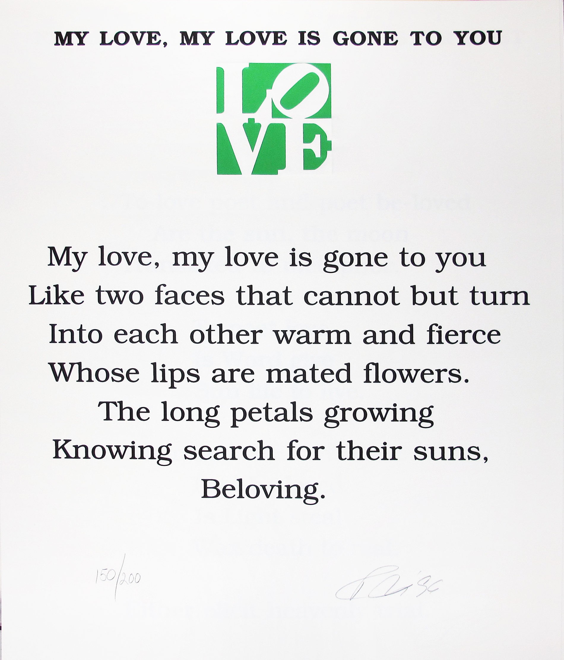 Robert Indiana | The Book of Love Poem | My Love, My Love is Gone to You | 1996 | Image of Artists' work.