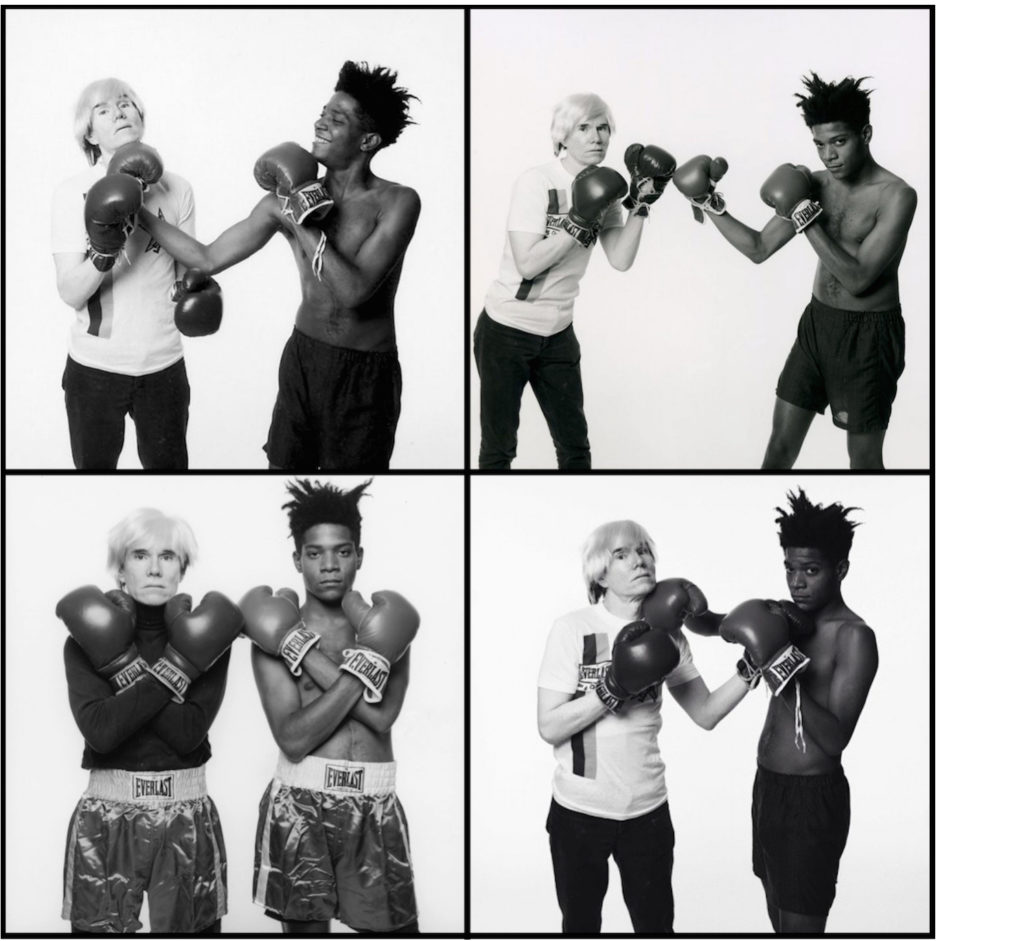 Basquiat and Warhol in a promo piece for their collaborative work, “Paintings” at Tony Shafrazi, 1985